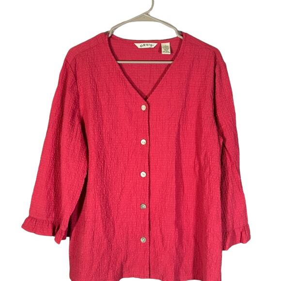 Orvis Dark Pink Button Down V-Neck Long Sleeve Textured Knit Blouse Women Sz L - Picture 1 of 6